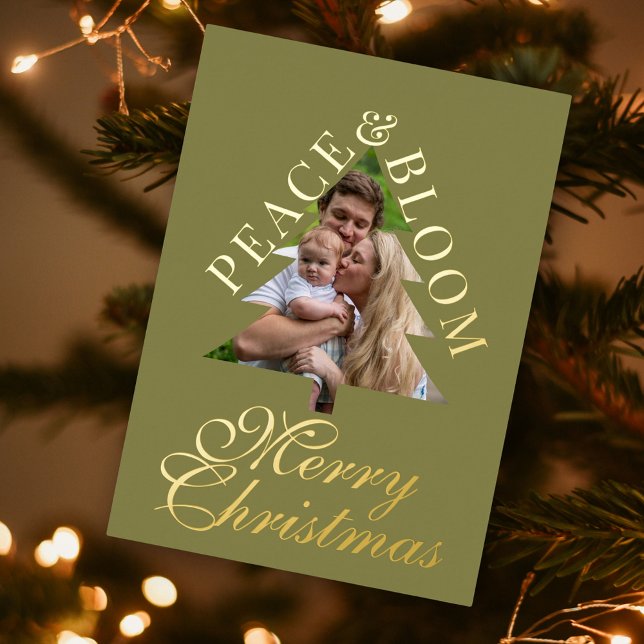 Invitation En Aluminium Family photo pine tree gold script green real  (Family photo pine tree gold handwritten script green real foil christmas card )