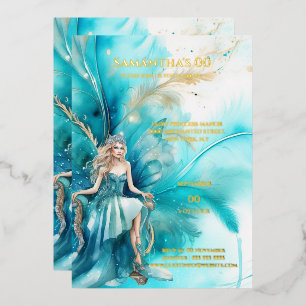 Invitation En Aluminium Fée princesse aquarelle teal or floral 