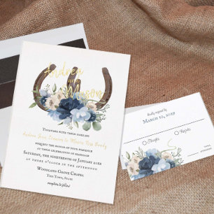 Invitation En Aluminium Fer à cheval et floral bleu poussiéreux