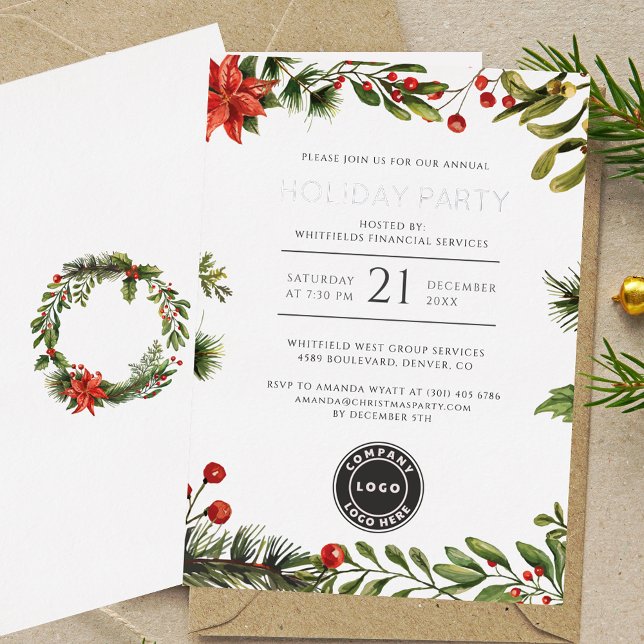 Invitation En Aluminium Festif Affaires Noël Fête de Noël Argent (Christmas Open House Red Berries Mistletoe Party Silver Foil Invitation)