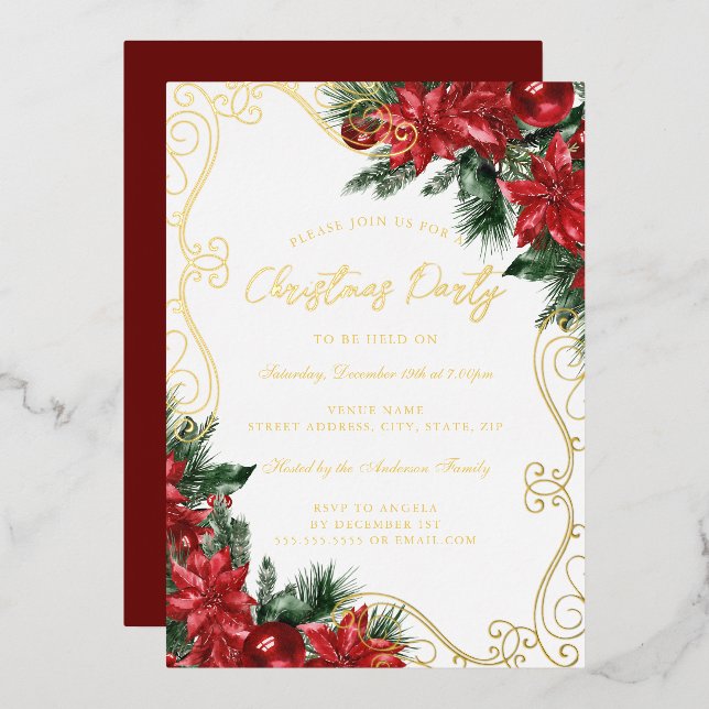 Invitation En Aluminium Festif Floral Swirl Green Red Christmas Party (Recto/Verso)
