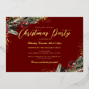 Invitation En Aluminium Festive Gold Red Sparkle Foliage Noël