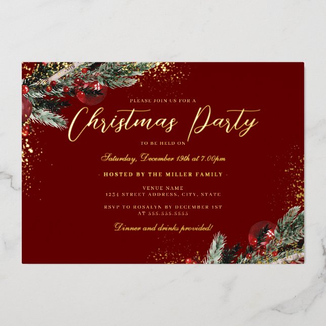 Invitation En Aluminium Festive Gold Red Sparkle Foliage Noël (Recto)