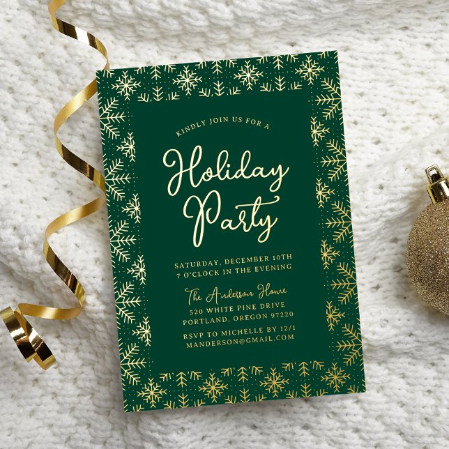 Invitation En Aluminium Festive Green et Gold Snowflakes Fête (Créateur téléchargé)