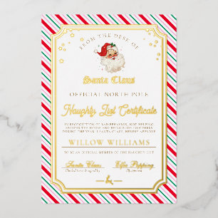 Invitation En Aluminium Festive Stripe Naughty List Certificat Foil Card