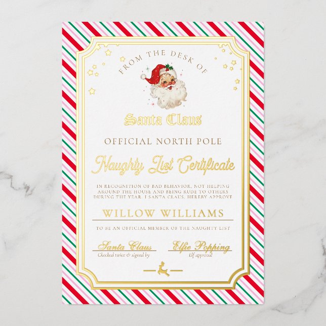Invitation En Aluminium Festive Stripe Naughty List Certificat Foil Card (Recto)