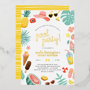 Invitation En Aluminium Fête au bord de la piscine avec pastèque, ananas e