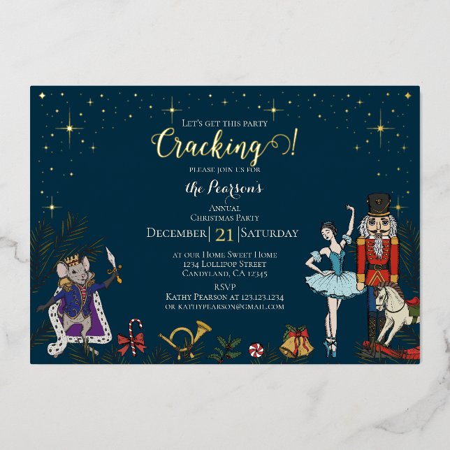 Invitation En Aluminium Fête Casse-Noisette Ballet Soirée de Noël Navy (Recto)