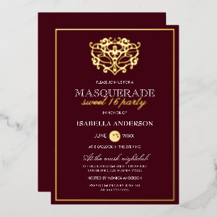 Invitation En Aluminium Fête chic Burgundy rouge et or Masquerade Sweet 16