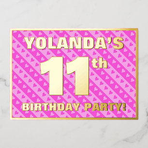 Invitation En Aluminium Fête d'anniversaire 11 ans — Cœurs roses et rayure