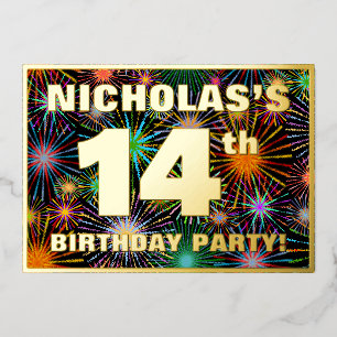 Invitation En Aluminium Fête d'anniversaire 14 ans — Feu d'artifice coloré