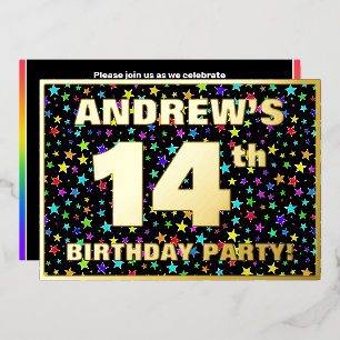 Invitation En Aluminium Fête d'anniversaire 14 ans — Motif d'étoiles color