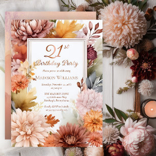 Invitation En Aluminium Fête d'anniversaire 21 ans Chrysanthèmes Pivoines