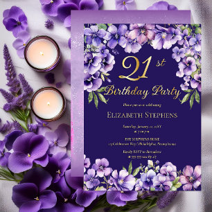 Invitation En Aluminium Fête d'anniversaire 21 ans élégante violettes flor