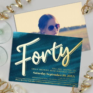 Invitation En Aluminium Fête d'anniversaire 40 ans aqua art or écriture