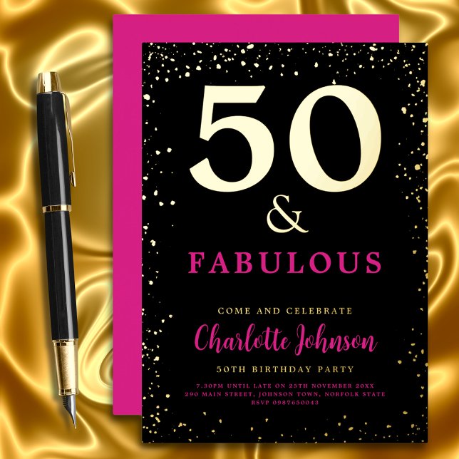 Invitation En Aluminium Fête d'anniversaire 50 ans Moderne Chic Rose Noir  (Stylish modern 50 and fabulous  pink black and gold foil glitter 50th birthday party invitation )