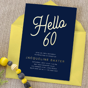 Invitation En Aluminium Fête d'anniversaire 60 ans Bleu Hello 60 Or Script