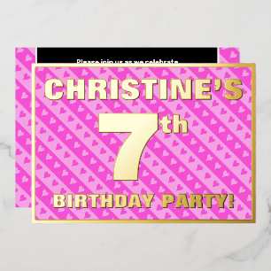 Invitation En Aluminium Fête d'anniversaire 7 ans — Cœurs roses et rayures