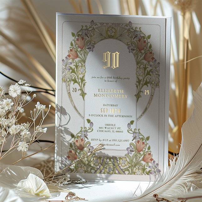 Invitation En Aluminium Fête d'anniversaire 90 ans Floral Vintage Élégant  (Créateur téléchargé)