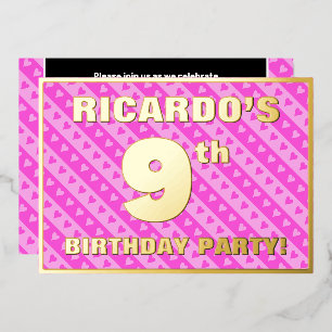 Invitation En Aluminium Fête d'anniversaire 9 ans — Cœurs roses et rayures