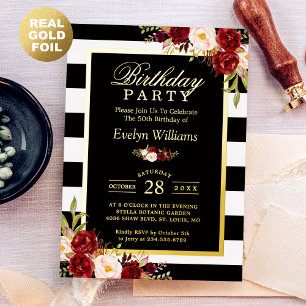 Invitation En Aluminium Fête d'anniversaire à rayures noir et blanc Floral