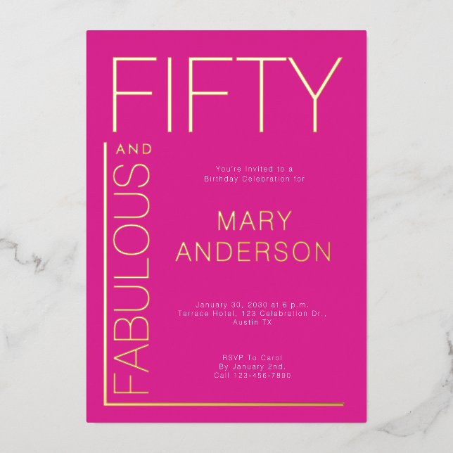 Invitation En Aluminium Fête d'anniversaire de 50 ans Fifty and Fabulous a (Recto)