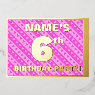 Invitation En Aluminium Fête d'anniversaire de 6 ans — Cœurs roses et rayu