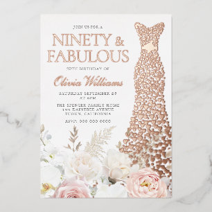 Invitation En Aluminium Fête d'anniversaire de 90 ans Blush & Blanc Rose O
