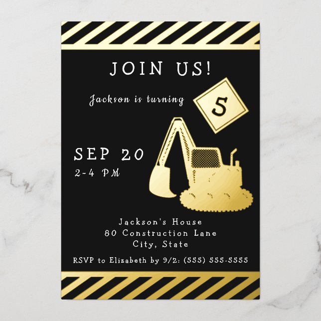 Invitation En Aluminium Fête d'anniversaire de construction pour Boy Gold (Recto)