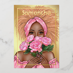 Invitation En Aluminium Fête d'anniversaire de la femme noire rose et or