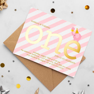 Invitation En Aluminium Fête d'anniversaire éléphant rose et feuille d'or