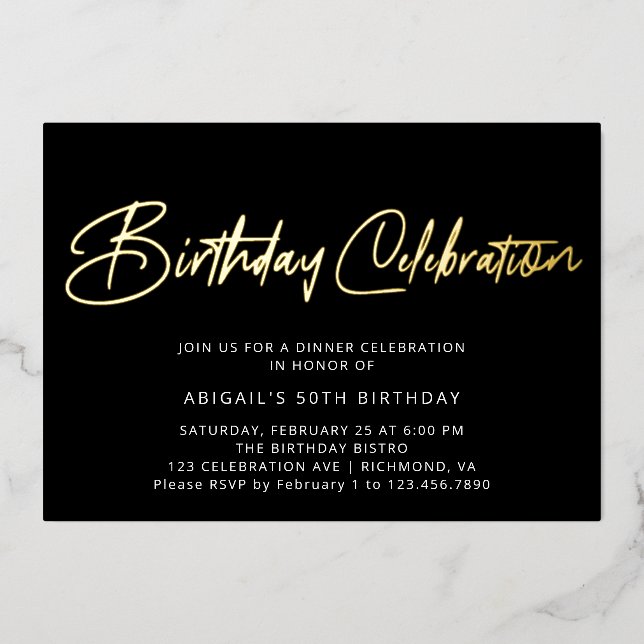 Invitation En Aluminium Fête d'anniversaire moderne Elégant Noir & Or (Recto)
