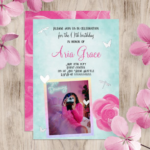 Invitation En Aluminium Fête d'anniversaire Rose Rose, Turquoise, Charms A