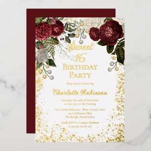 Invitation En Aluminium Fête d'anniversaire Sweet 16 Glam Burgundy Rose Fl