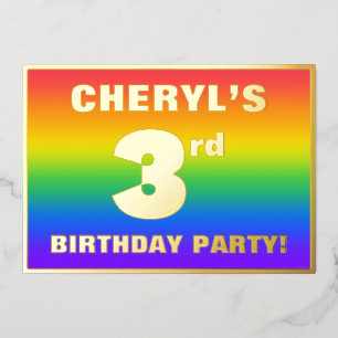 Invitation En Aluminium Fête de 3 ans : motif arc-en-ciel coloré et amusan