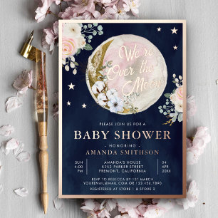 Invitation En Aluminium Fête de bébé Bleu marine Over The Moon Rose Gold r