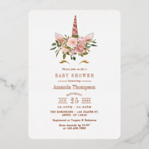 Invitation En Aluminium Fête de bébé licorne florale Rose et Or rose