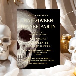 Invitation En Aluminium Fête de dîner Halloween Crâne Mort Feuille d'Or