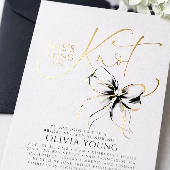 Invitation En Aluminium Fête de Fiançailles au Ruban Noir Elle Attache le  (Black Bow Bridal Shower Invitations)