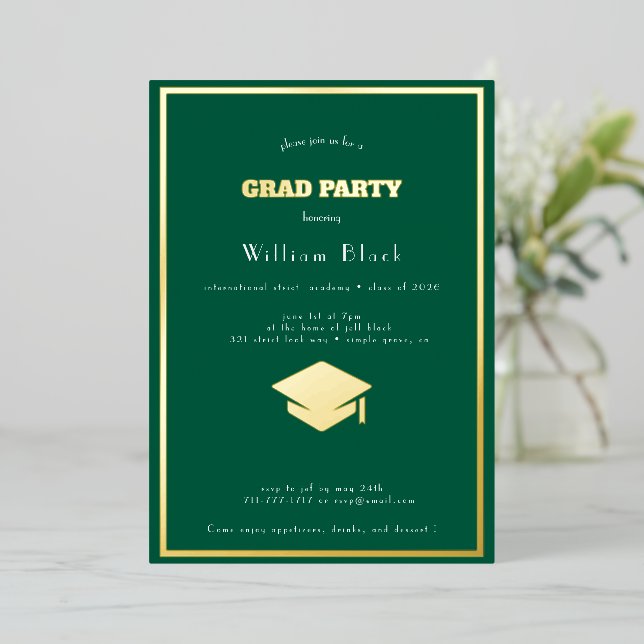 Invitation En Aluminium fête de fin d'études chic verte & dorée (Debout devant)