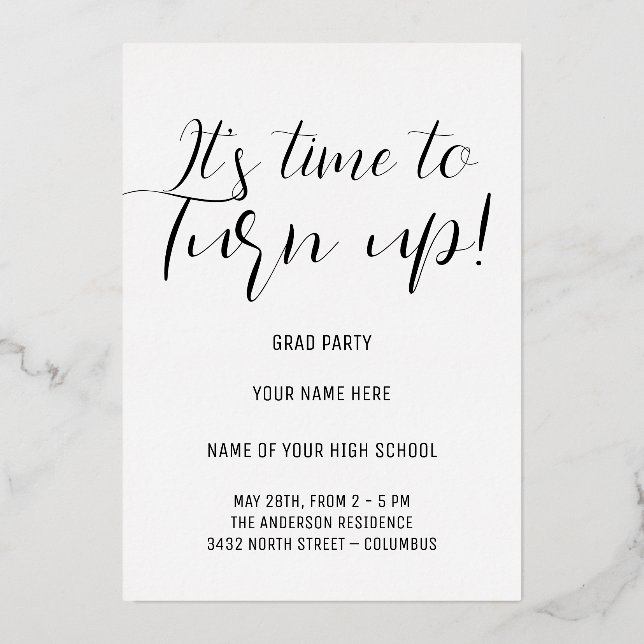 Invitation En Aluminium Fête de fin d'études en calligraphie noir et blanc (Recto)