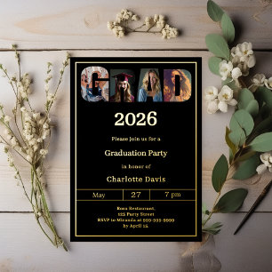 Invitation En Aluminium Fête de fin d'études noir or gradué photo luxe