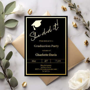 Invitation En Aluminium Fête de fin d'études noir or luxe Elle a réussi