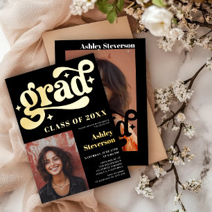 Invitation En Aluminium Fête de fin d'études rétro noir gras 2 photos