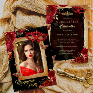 Invitation En Aluminium Fête de Mascarade de Quinceanera Rose Rouge Or 