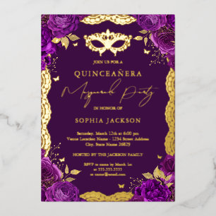 Invitation En Aluminium Fête de Mascarade Fleurs de Lace Violettes Quincea