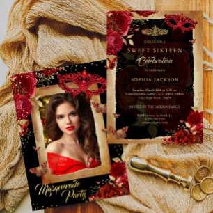 Invitation En Aluminium Fête de Mascarade Photo Sweet Sixteen Rose Rouge O