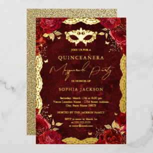 Invitation En Aluminium Fête de Mascarade Rose Rouge Robe de Quinceanera
