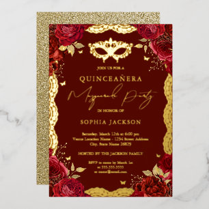 Invitation En Aluminium Fête de Mascarade Rouge Or Rose Dentelle Quinceane