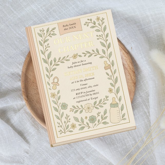 Invitation En Aluminium Fête de naissance de bébé avec un livre de notre p (A new chapter begins Gold Foil, Book Themed Baby Shower Invitation with Vintage Floral Details)